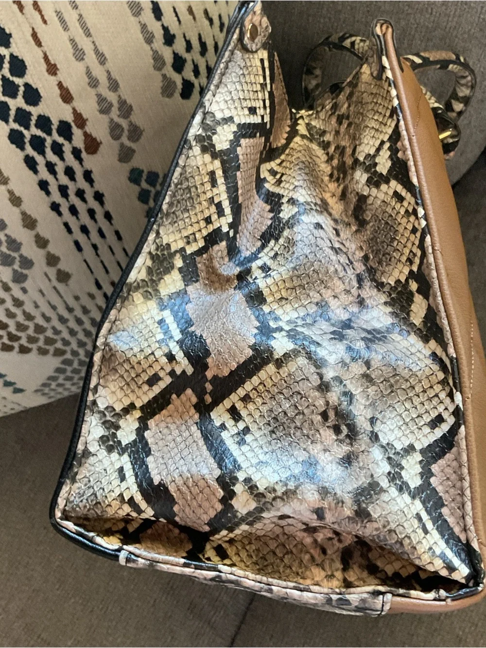 Chico’s Structured Camel and Black Tote Handbag with Snake-Print Trim NWOT